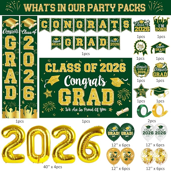 Graduation Decorations Class of 2026 - Green and Gold Graduation Party Supplies Include Backdrop, Banner, Hanging Swirls, Porch Sign, Balloons for Congrats Grad Decorations
