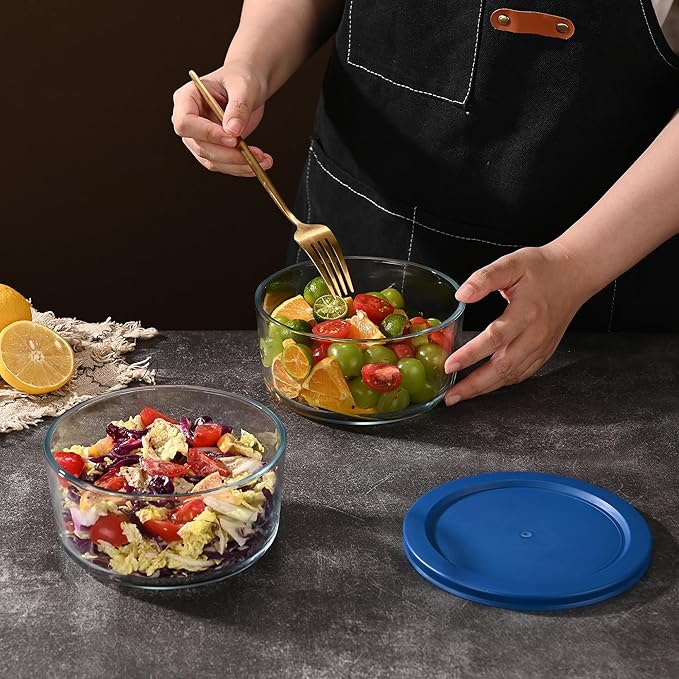 Fox Run Glass Yogurt Containers with Lids, Set of 2 Glass Bowls for Yogurt, Salads and Leftovers, 1 Quart Capacity Each