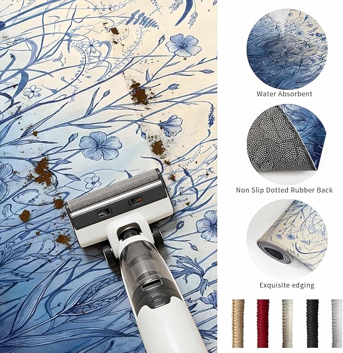 Area Rug 2x3ft, Vintage Boho Blue Wildflowers Meadow Washable Rugs for Living Room Bedroom, Abstract Flower Soft Non-Slip Area Rugs Rectangle Floor Carpet for Dining Room