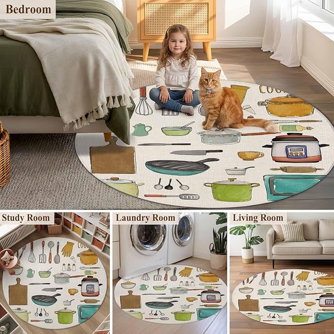Cooking Kitchenware Kitchen Tool Pattern Round Rugs 3.3ft for Living Room Washable Circle Rug Non-Slip Carpet Soft Mat for Bedroom Dining Room Bathroom Home Holiday Decorations Indoor