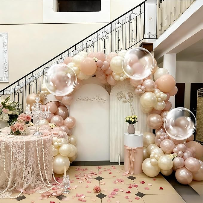 Dusty Pink Balloon Garland Arch Kit, Double Stuffed Pearl Pink White and Gold Balloon Large Clear Balloons for Girls Baby Shower Bridal Shower Wedding Birthday Party Decorations