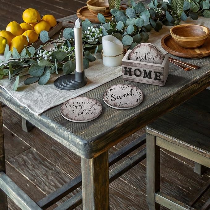 Queekay Coasters Set of 6 House Warming Gifts New Home Wooden Farmhouse Drink Coasters with Holder 4'' Funny Decoration for Kitchen Family Coffee Bar Tabletop Protection(Rust Color)