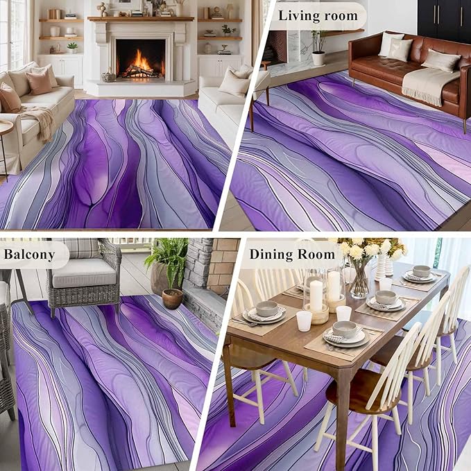 Area Rug 6x9ft, Abstract Art Purple Gray Wave Washable Rugs for Living Room Bedroom, Vintage Marble Texture Soft Non-Slip Area Rugs Rectangle Floor Carpet for Dining Room
