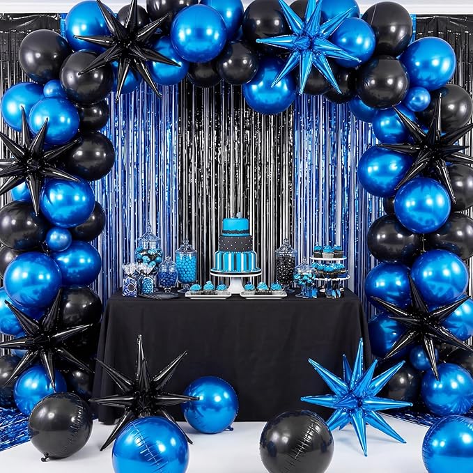 Seenelling 25 Pcs Blue and Black Graduation Party Decorations 2026 Sets 22 Inch 4d Large Stars Balloons with Metallic Tinsel Foil Fringe Backdrop Curtains for Birthday Anniversary Wedding Decor
