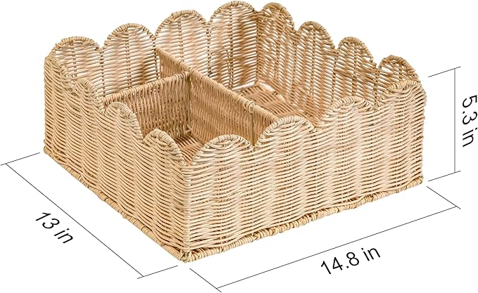Rattan Divided Scalloped Basket,Wicker Diaper Caddy Scalloped Baske,Woven Natural Basket with 4 Dividers,Suitable for Baby Rooms, Bathrooms, Bedrooms (Rattan)