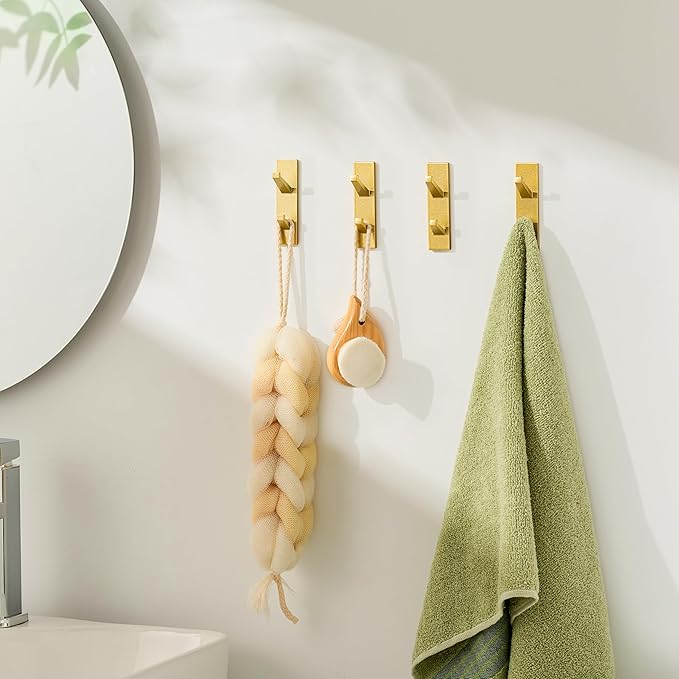 susswiff Gold Wall Hooks for Coat Towel: 13LB Adhesive Door Hanger Stick on, 4 Pack