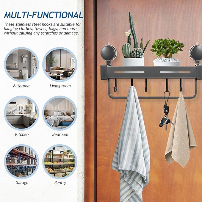 GLEAVI Suction Cup Kitchen Shelf Rack Gray Wall-mount Spice Rack Organizer with Hooks for Pantry Storage and Kitchen Sink Organization