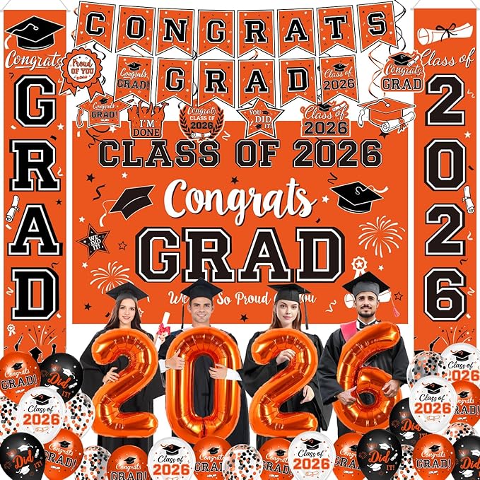 Graduation Decorations Class of 2026 - Orange Graduation Party Supplies Congrats Grad Backdrop & Banner, Hanging Swirls, Porch Sign, Balloons for High School & College Celebrations