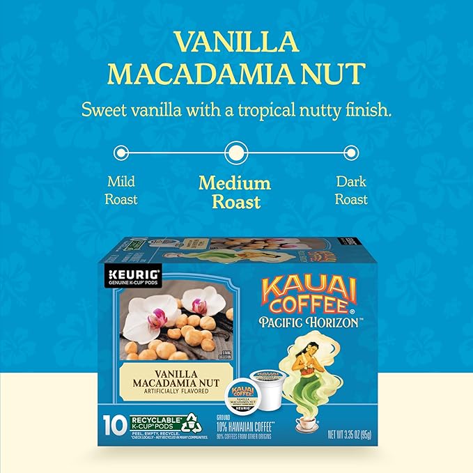 Kauai Coffee K-Cup Pods for Keurig Brewers – Arabica Coffee, 10% Hawaiian – Medium Roast, Vanilla Beans with Toasted Macabamia Nuts – Vanilla Macadamia Nut, 6 Packs of 10 Single Serve K-Cups