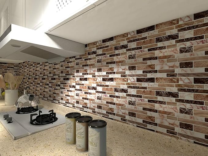Art3d Peel and Stick Brick Kitchen Backsplash Self-Adhesive Wall Tile Stone Design, 10 Sheets (Brown)