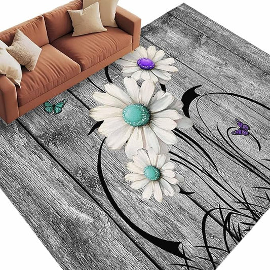Area Rug 6x9ft, Farm Daisy Shabby Wood Grain Washable Rugs for Living Room Bedroom, Vintage Flower Plant Butterfly Soft Non-Slip Area Rugs Rectangle Floor Carpet for Dining Room