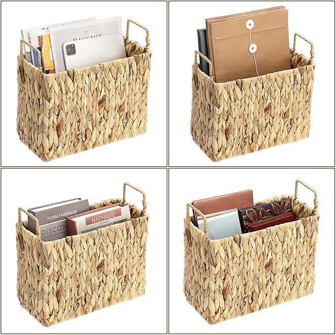 BTSKY Woven Magazine Holder, Water Hyacinth Magazine Basket, Natural Narrow Storage Basket Bin for Books & Files, Magazine Rack with Built-in-Handle for Home, Office & Desk - 12.1x5.6x10.9 Inch