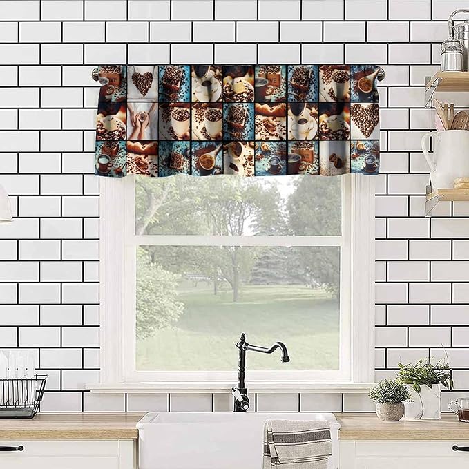 Coffee Curatin Valance, Rustic Beans Cups Coffee Lover Short Window Treatment for Cafe Kitchen Bedroom Living Room, 54x18Inch