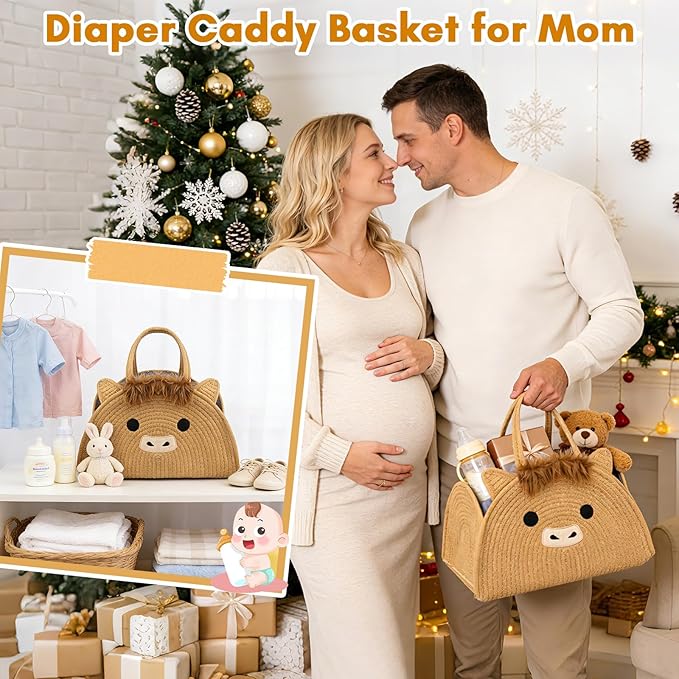 Highland Cute Cow Baby Diaper Caddy Organizer, Woven Cotton Rope Basket for Nursery, Portable Diaper Caddy Empty Gift Basket, Baby Wipes Shower Towels Storage Bins for Newborn Essentials
