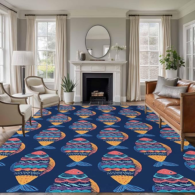 Area Rug 6x9ft, Ethnic Style Ocean Fish Washable Rugs for Living Room Bedroom, Watercolor Marine Life on Navy Blue Soft Non-Slip Area Rugs Rectangle Floor Carpet for Dining Room