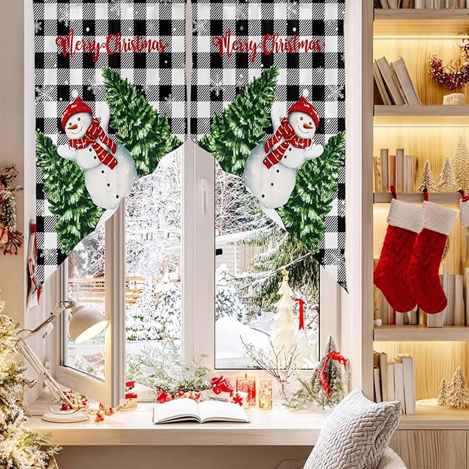 Christmas Tree Snowman Swag Valance Curains Winter Snowflake Black Buffalo Plaid Rod Pocket Kitchen Curtains Scalloped Window Treatment Valances Swag for Living Room Bedroom, 1 Pair, 28"W x 36"L