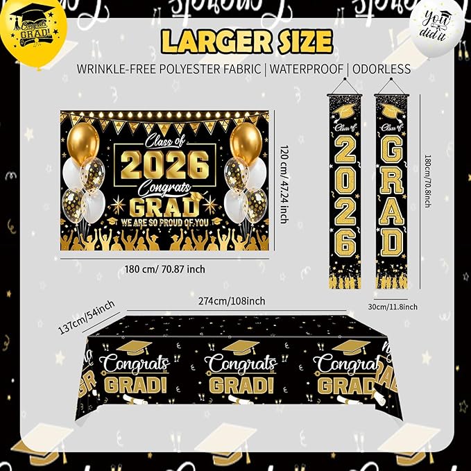 Graduation Decorations 2026 Set - Congrats Grad Banner, Class of 2026 Backdrop, Couplet, Honeycomb,Spiral, Photo Prop Frame Graduation Theme Masks Tablecloth Balloons Kit for Grad Party Decorations