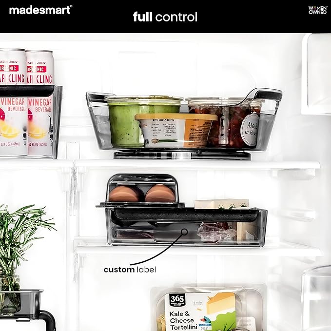 madesmart Premium Medium Fridge Bin, Organizer for Produce, Cheeses, Meats & Deli Items, Dry-Erase Label Area, Multi-Purpose Fridge Storage, Soft Grip Handles, Clear