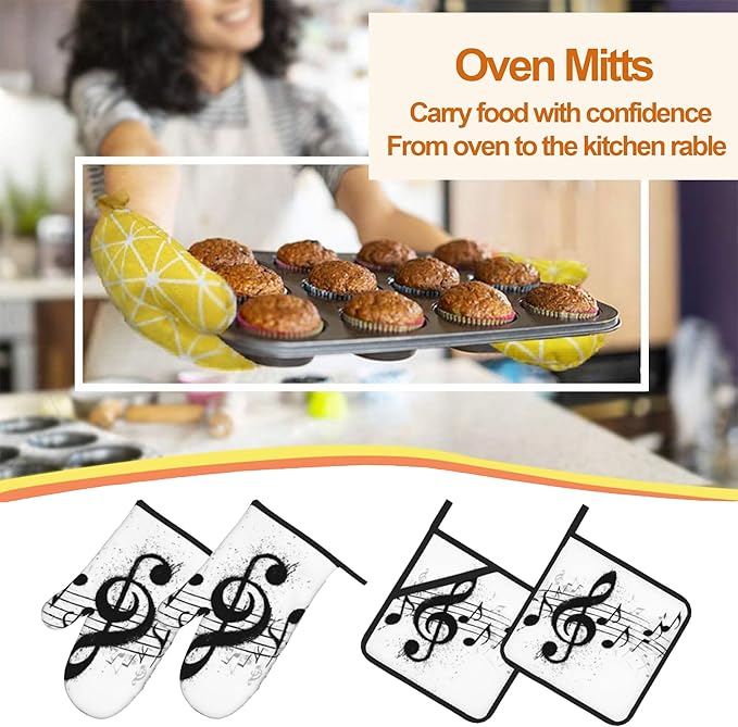 Black White Music Note Oven Mitts & Potholder Set of 4 - Heat Resistant Kitchen Gloves Hot Pads for Baking, Cooking, Gifts for Women