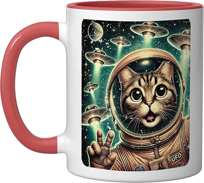Space Cat Astronaut UFO Funny Sci-fi Alien Selfie Ceramic Mug, Red/White