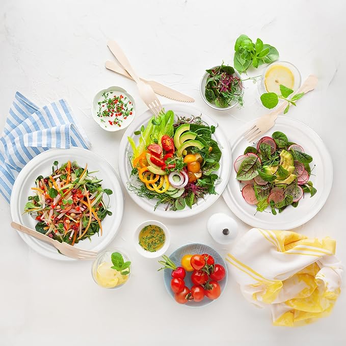 Freshware Paper Plates - Disposable 10" Plate, 500-Pack, Biodegradable Sugarcane Dinner Plates - Heavy Duty Dinnerware for Hot Food - Microwave & Freezer Safe, Stackable Dinnerware