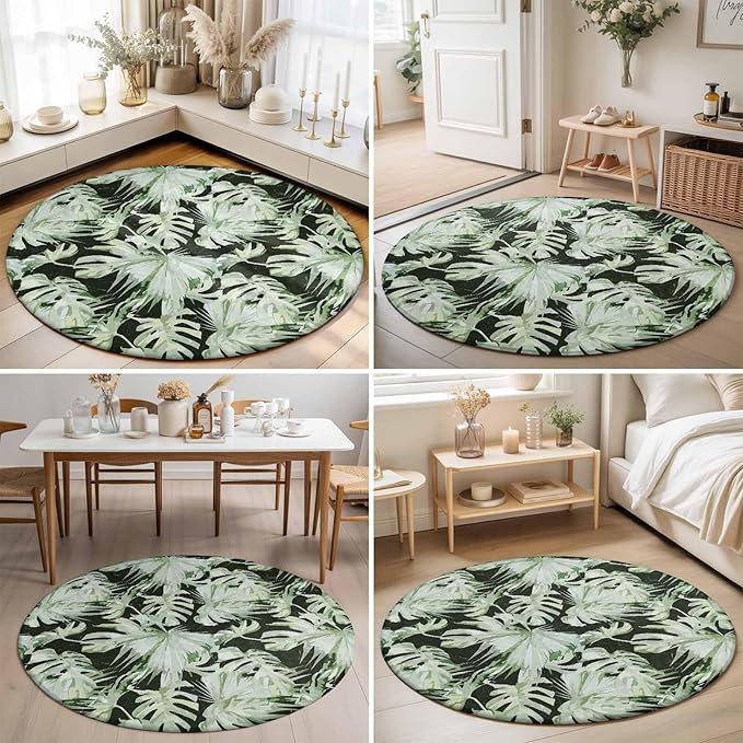 Washable Round Area Rug Abstract Dark Green Palm Leaves Circle Rugs Floor Carpet for Living Room Bedroom, Watercolor Plants Soft Non Slip Round Rug 3ft