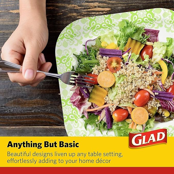 Glad Square Heavy Duty Paper Plates, Soak Proof and Cut Proof Disposable Plates for Parties and Everyday Meals, Microwaveable for Easy Serving, Green Victorian Pattern, 10 Inch, 50 Count - 12 Pack