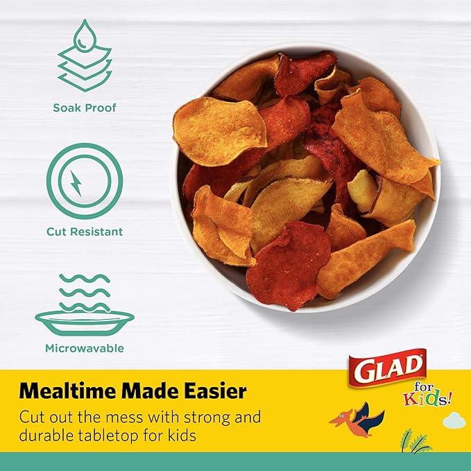 Glad for Kids Dinosaurs Paper Snack Bowls, Colorful Heavy Duty Microwave Safe Disposable Bowls for Soup, Ice Cream, and Snacks, Lids Included, Multicolor, Party Pack, 12 Oz, 20 Count - 6 Pack