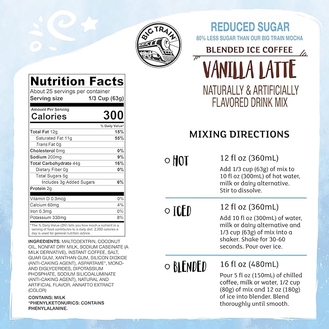 Big Train Reduced Sugar Vanilla Latte Blended Ice Coffee Beverage Mix, 3.5 Pound (Pack of 1)