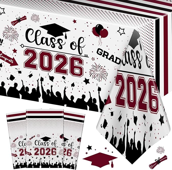 Graduation Decorations Class of 2026 Tablecloth - 3 Pcs Plastic Congrats Grad Table Cloth, Graduations Table Cover for Graduation Party Decorations 2026 and Party Supplies, 54"x108" (Maroon and Black)