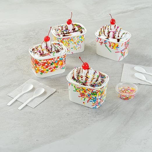 Restaurantware Paper Cups 200 Count 12 Ounce Square Disposable Ice Cream Containers, Leak-Resistant Paper Dessert To Go Cups, Hot And Cold Food, Durable Classic Sprinkles Design