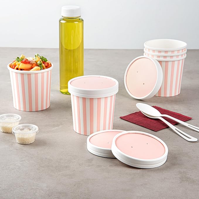 Restaurantware-LIDS ONLY: Soup Container Lids, 200 Disposable Bowl Covers For 12 Ounce Soup Containers - Containers Sold Separately, Vented, Pink And White Container Lid, Striped, Round,