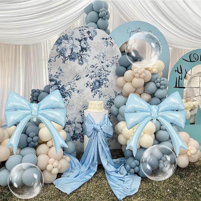 Dusty Blue Balloon Garland Arch Kit, 107PCS Dusty Fog Blue and White Balloons with Bow Balloon Decor for Coquette Birthday Baby Bridal Shower Wedding Party Decorations