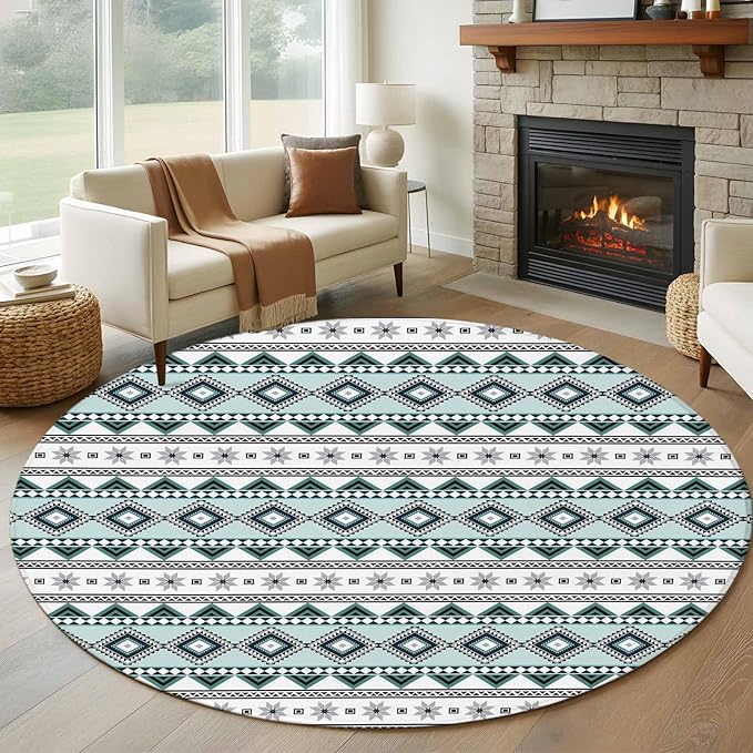 Washable Round Area Rug Boho Diamond Pattern Circle Rugs Floor Carpet for Living Room Bedroom, Ethnic Style Blue Strips Soft Non Slip Round Rug 5ft