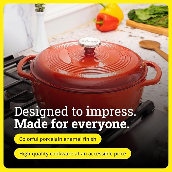 Lodge Essential Enamel Cast Iron Dutch Oven - Perfect for Bread Baking, Braising, Marinating & Slow Cooking - Features Moisture-Sealing Lid & Dual Handles - Kitchen Essentials - 6 Quarts - Poppy