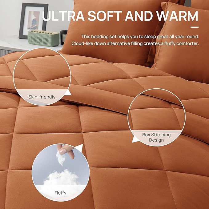 Love's cabin Twin XL Comforter Set Terracotta, 5 Pieces Twin XL Bed in a Bag, All Season Bedding Sets with 1 Comforter, 1 Flat Sheet, 1 Fitted Sheet, 1 Pillowcase and 1 Pillow Sham | Soft, Breathable, Lightweight, Comfortable