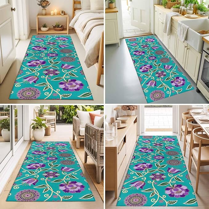 Runner Rug for Bedroom Hallway, Bohemian Purple Flowers Kitchen Runner Rugs Area Rug 2x6ft, Paisley Floral Art Washable Soft Floor Carpet for Entryway Stair
