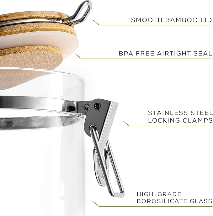 JoyJolt Glass Jars With Bamboo Lids (12 fl oz). 2PC Set of Airtight Storage Jars with Clamp Lids for Pantry Food Storage. Air Tight Sealable Glass Canisters Containers for Kitchen Organization