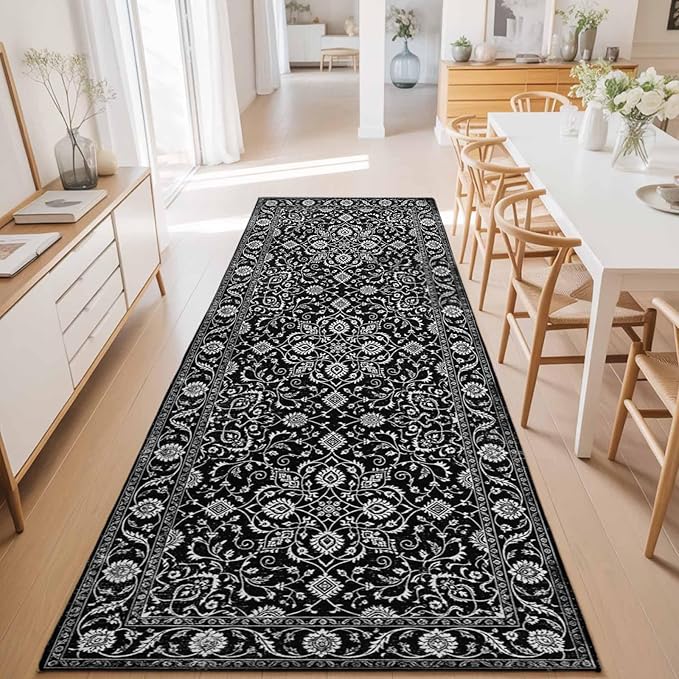 Runner Rug for Bedroom Hallway, Paisley Vintage Black Floral Kitchen Runner Rugs Area Rug 2x6ft, Classic Flower Texture Washable Soft Floor Carpet for Entryway Stair