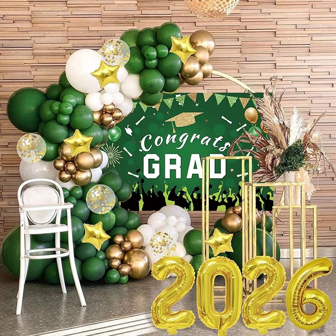 Graduation Decorations Class Of 2026: Green and Gold 2026 Graduation Decorations Balloon Arch Kit Congrats Grad Backdrop 136PCS Party Supplies for High School & College Celebrations