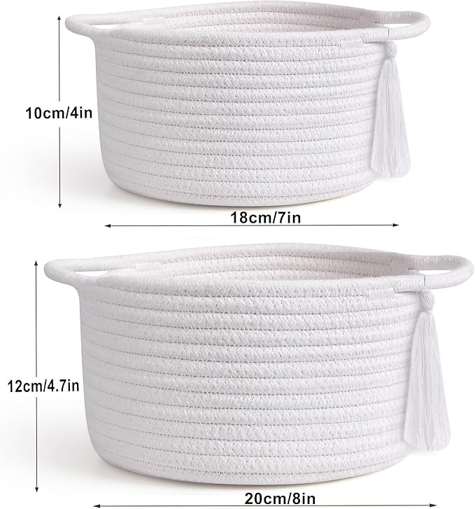 Gift Basket Empty Small - SweetMemo Cute Woven Rope Organizer Baskets for Baby Shower, Vanity, Makeup, Bathroom, Desk, Decor, Gifting - Small Decorative Storage Bins - Set of 2, Pre-Shaped, White