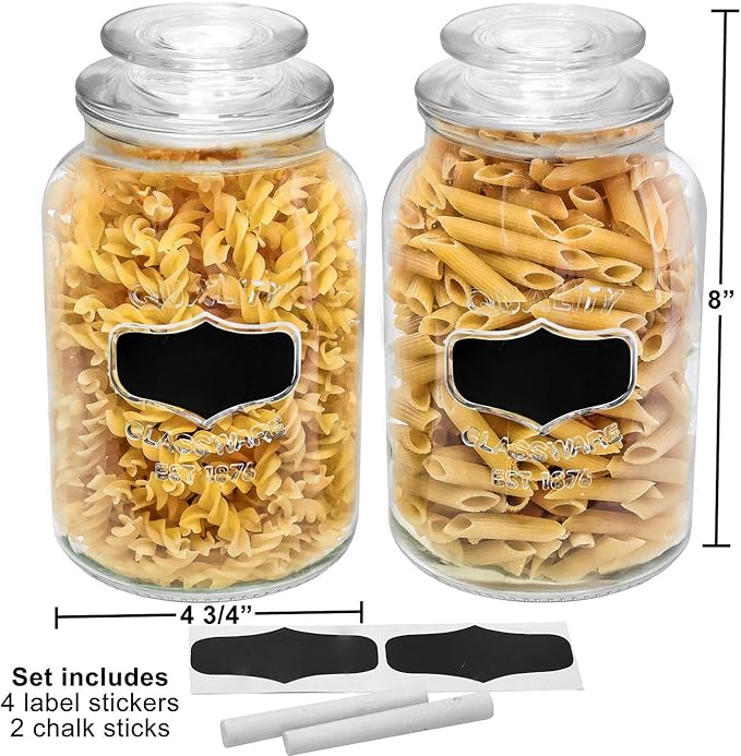 Estilo Round Glass Canister Jars with Airtight Lids Ideal for Cookies, Candies, Cereal - Cookie Jar - Includes Chalkboard Labels and Chalk - 1/2 Gallon (Set of 2), Clear