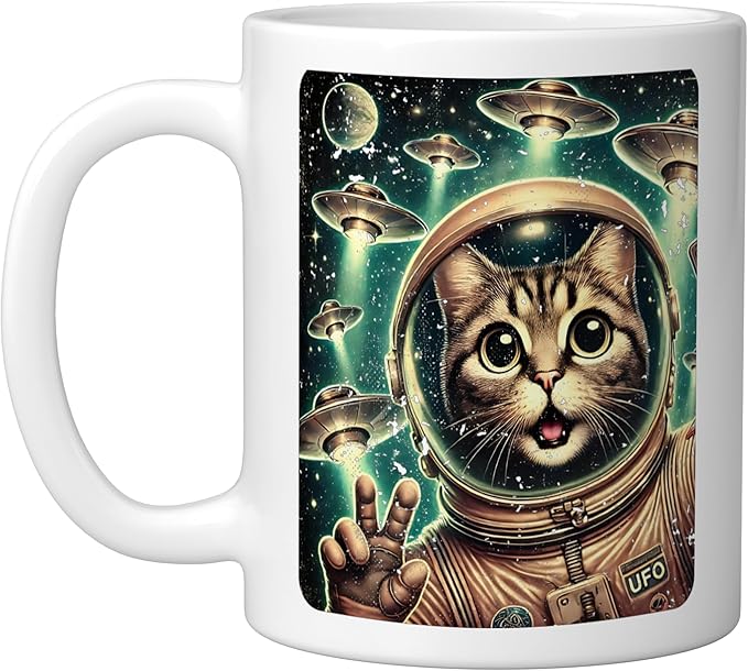 Space Cat Astronaut UFO Funny Sci-fi Alien Selfie Ceramic Mug, White