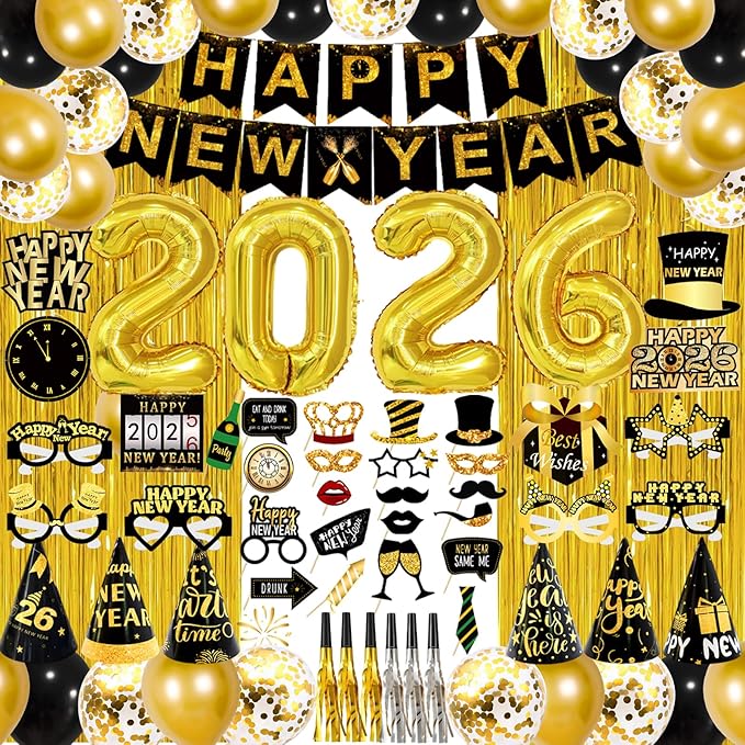 2026 New Years Decorations Set, New Years Eve Party Supplies 2026, "HAPPY NEW YEAR" Banner, "2025" Foil Balloon, Photo Props, Hats, Balloon Party Kit, Fringe Curtain