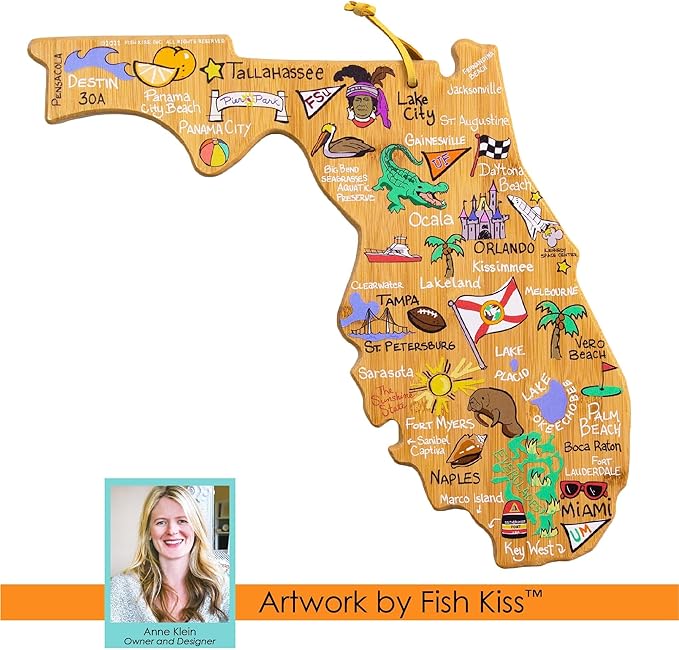 Totally Bamboo Florida State Shaped Cutting Board and Charcuterie Serving Platter with Artwork by Fish Kiss, Includes Hang Tie for Wall Display