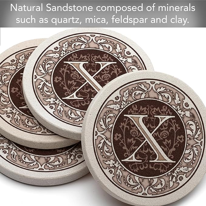 Thirstystone Monogram Letter X Absorbent Sandstone Coaster 4-Pack Manufactured in The USA Decorative, Absorbent, Easily Wipes Clean