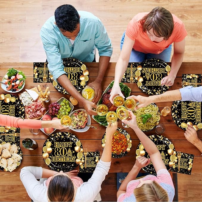Kepeel 200Pcs 80th Birthday Party Tableware Set, Back in 1946 Birthday Party Decorations Supplies for Men Women Cheers to 80 Years Disposable Paper Plates Napkins Forks Favors, Serve 50