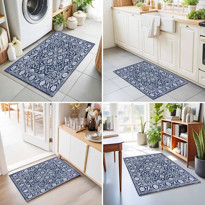Area Rug 2x3ft, Navy Blue Paisley Floral Texture Washable Rugs for Living Room Bedroom, Vintage Tribe Flower Soft Non-Slip Area Rugs Rectangle Floor Carpet for Dining Room