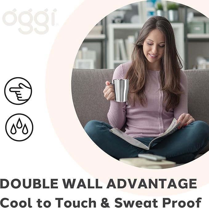 Oggi Insulated Coffee Mug 12oz - Dual Wall Stainless Steel Technology Coffee or Tea Mug with Elegant Mirror Finish, Ideal Used for Cappuccino, Latte and Americano Coffee