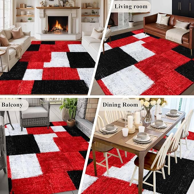 Area Rug 8x10ft, Red Black White Gradient Washable Rugs for Living Room Bedroom, Abstract Color Block Soft Non-Slip Area Rugs Rectangle Floor Carpet for Dining Room